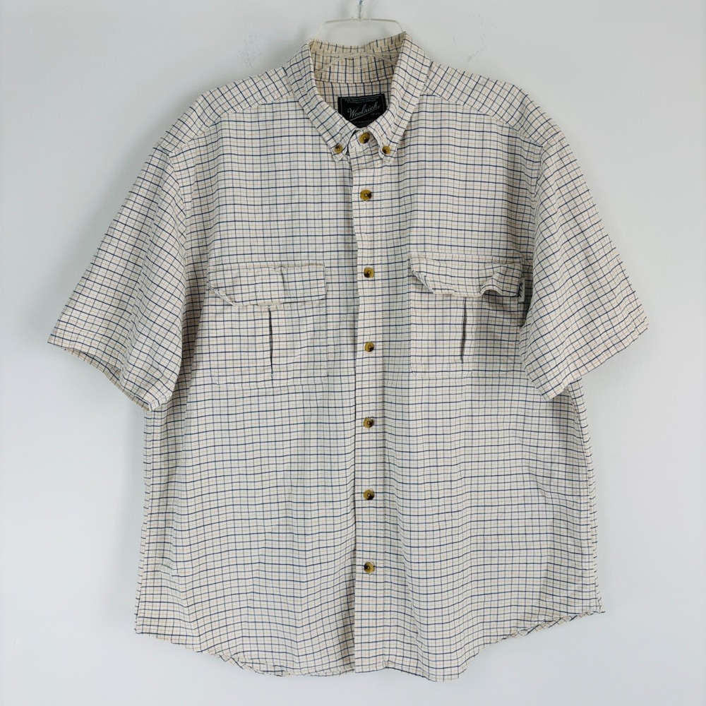 Woolrich Mens‎ XL Short Sleeve Button Down Shirt Cream Navy Yellow Grid Plaid